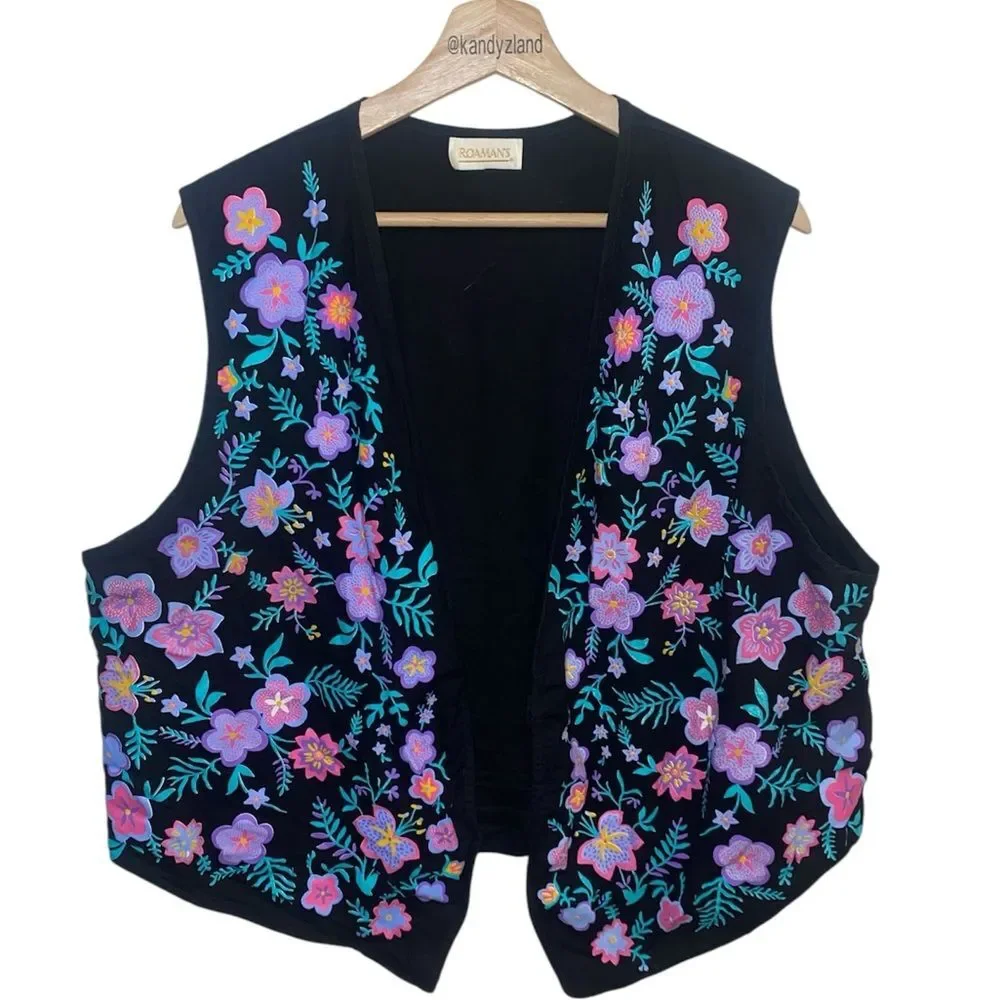 ROAMAN’S Women’s Vintage Colorful Floral Open Front Vest Plus Size
